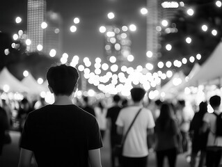 A bustling night market with blurred figures and bright lights, captured in stark black and white night market, urban, street photography monochrome