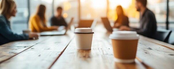 Cozy workspace with coffee cups on a wooden table, perfect for creative discussions and teamwork in a warm atmosphere.