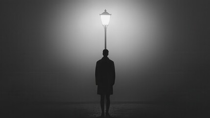 Obraz premium A shadowy figure standing under a flickering streetlight in a quiet urban neighborhood at night streetlight, urban, monochrome mood