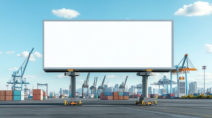 Obraz premium An empty billboard in a bustling port with cranes and shipping containers, ideal for advertising and promotional displays.