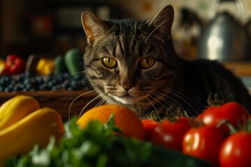 Portrait of a cat with fruits and vegetables around him. Healthy food concept. Generative AI.