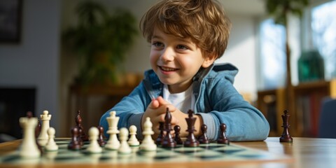 A boy plays chess with his mother. Generative AI.