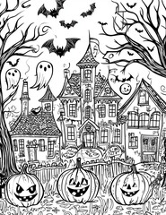 Halloween Coloring Page: Spooky and Fun Haunted House with Bats and Pumpkins - Clean Line Art for All Ages - Black and white - Printable pages 