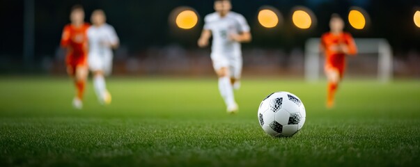 Fototapeta premium Dynamic soccer match scene featuring players racing toward a ball on the green field, highlighting athleticism and competition.