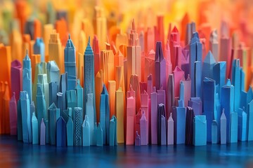 Obraz premium vibrant origami cityscape diverse paper people figures populating streets geometric architecture rainbow color palette whimsical and inclusive community concept