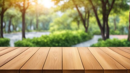 A wooden table in the foreground with a blurred green park background, ideal for nature-themed presentations.