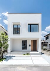 Modern White House with Wooden Door and Gravel Driveway