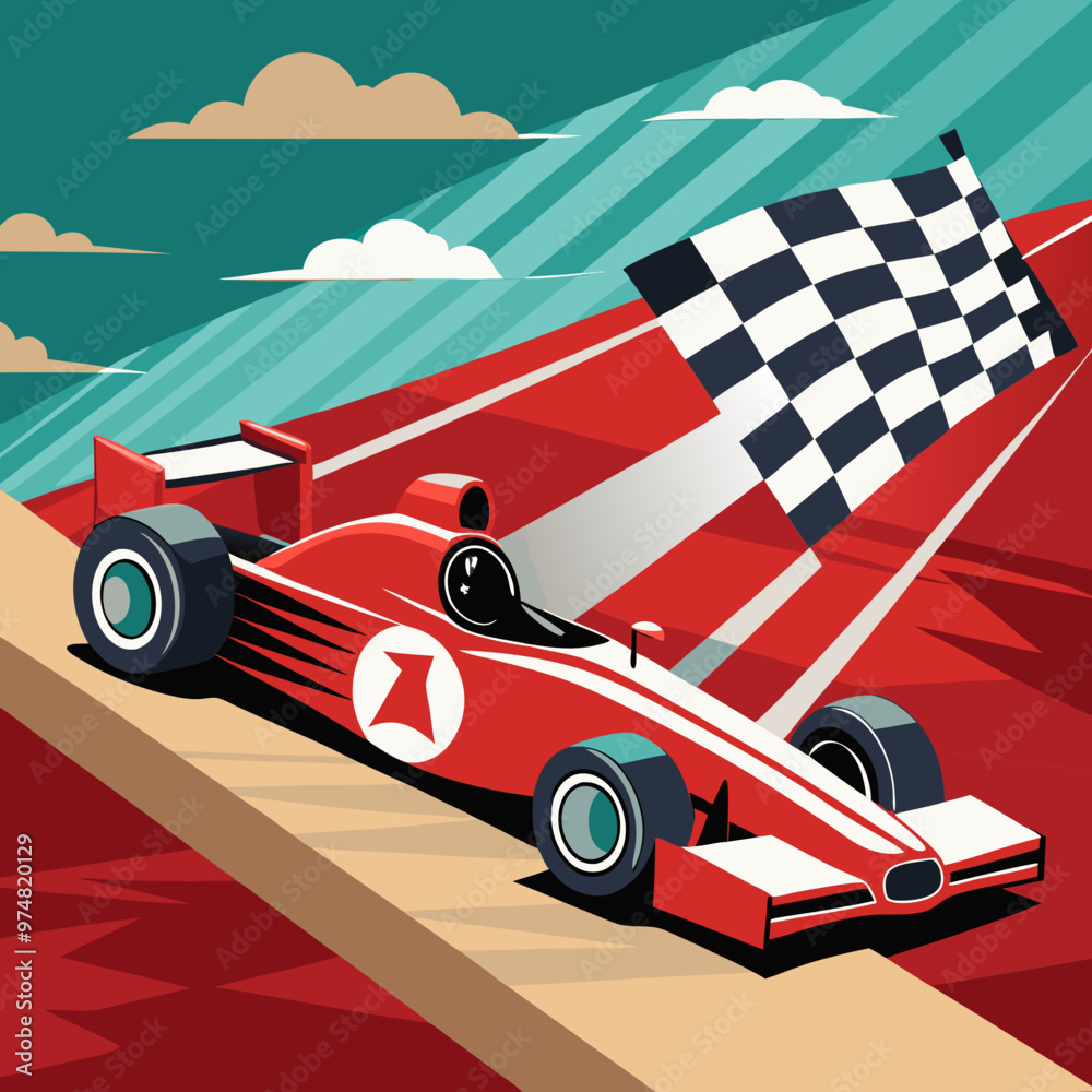 Wall mural a-race-car-speeding-along-a-track-with-a-checkered