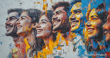 Graffiti image of a youth from "Andhra Pradesh", an Indian state on a colorful backwall of city streets, Concept of promoting Indian States and Indian youth with modern art