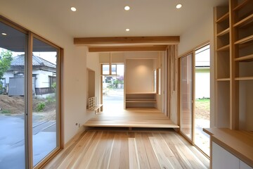 Obraz premium Modern Minimalist Japanese House Interior Design With Wooden Floor And Ceiling
