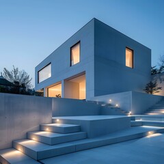 Modern Concrete House with Outdoor Steps and Lighting