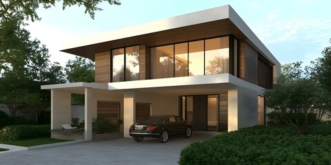 Modern House with Large Windows and Car in the Garage