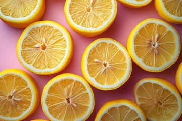 Obraz premium vibrant pattern of sliced lemons arranged in neat rows on a bubblegum pink background creating a bold and refreshing pop artinspired still life composition