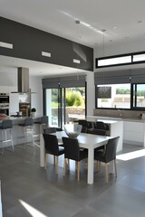 Fototapeta premium Modern Kitchen Dining Area with Grey Tile Floor and White Table