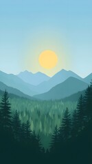 Fototapeta premium Vector illustration of a forest landscape with mountains at sunrise, featuring a flat design with simple shapes and flat colors