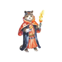 an otter wearing robes and carries a bonfire vector illustration, white background