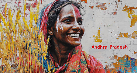 Graffiti image of a youth from "Andhra Pradesh", an Indian state on a colorful backwall of city streets, Concept of promoting Indian States and Indian youth with modern art