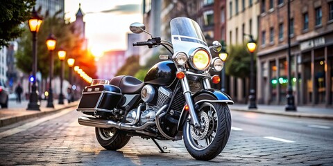 A sleek, black, and silver motorcycle with flashing lights and sirens, parked on a city street, conveying a