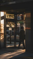 Fototapeta premium Man Walking Through Glass Doorway In City