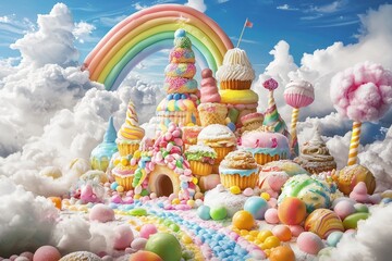 Fantasy village, kingdom or town made of sweets, ice-cream, marshmallow, cookies, candies, lollypops, cakes, cupcakes, rainbow, street view. Colorful sweet world with houses and buildings.