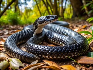 Fototapeta premium A sleek black snake with distinctive white spots slithers through a forest floor, its scaly body glistening in