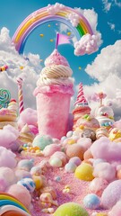 Image of Fantasy village, kingdom or town made of sweets, ice-cream, marshmallow, cookies, candies, lollypops, cakes, cupcakes, rainbow, street view. Colorful sweet world with houses and buildings. printed on Printed Glass Basin Splashbacks
