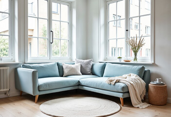 Modern bright living room interior with comfortable sofa apartment design home decoration with big windows and natural light