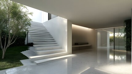 Modern House Interior Design with Minimalist Staircase and Garden View