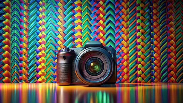 A sleek digital single-lens reflex camera lies on a vibrant, abstractly patterned wall, surrounded by empty space,