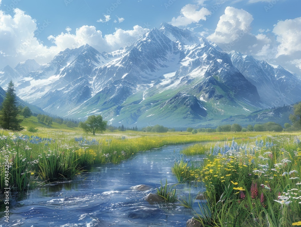 Canvas Prints serene mountain meadow with a winding stream