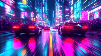 Fototapeta premium Dynamic cityscape featuring neon lights and fast-moving cars, creating a vibrant, futuristic atmosphere on wet streets.