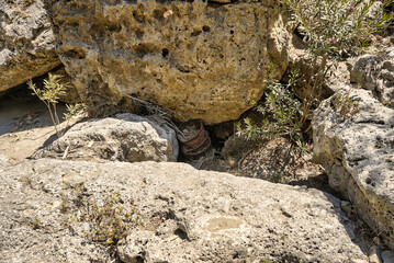 old barrel on a bottom of empty bed of a river
