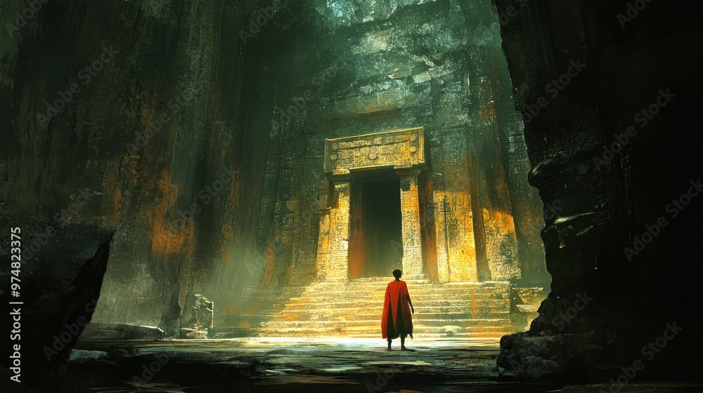 Canvas Prints A lone figure stands before an ancient temple entrance