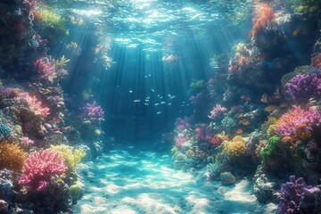 Obraz premium vibrant underwater ecosystem teeming with diverse coral formations and exotic fish species sunlight filters through crystalclear turquoise waters illuminating the bustling marine life
