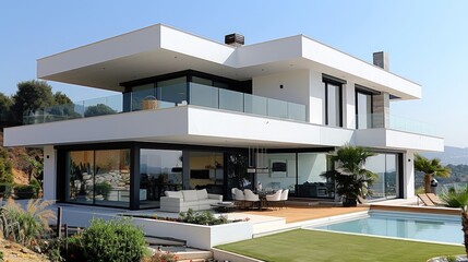 Modern white house with a pool and a patio with lawn and lush green vegetation.