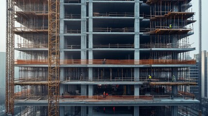 Obraz premium Modern Skyscraper Construction: Cranes, Scaffolding, and Workers in Action 1