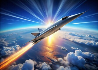 A sleek, silver supersonic jet breaks through the atmosphere, producing a dramatic sonic boom shockwave, as it pierces