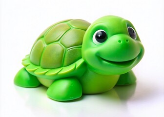 Obraz premium A small, bright green, rubber turtle toy with rounded shell and smiling face, sitting on a clean, white