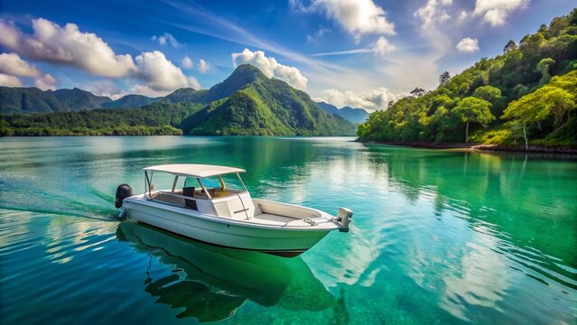 A sleek, white, open-cockpit vessel with a small outboard engine navigates calm turquoise waters, surrounded by lush