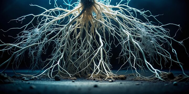 A slow-motion capture of roots growing downward in response to gravity, surrounded by blurred darkness, with faint