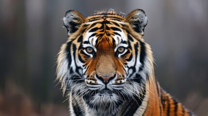 Fototapeta premium Intense portrait of an Amur tiger in the wild, showcasing its striking orange and black stripes with piercing eyes