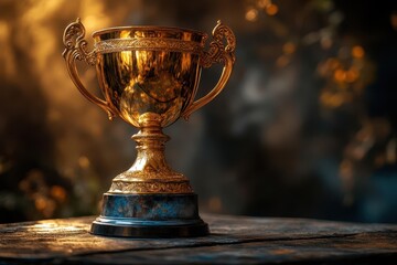 victorious golden trophy on weathered wooden table warm spotlight atmosphere of triumph and accomplishment