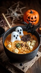 Spooky Halloween-themed bowl of ramen with ghost-shaped garnishes and festive decorations, perfect for autumn celebrations.