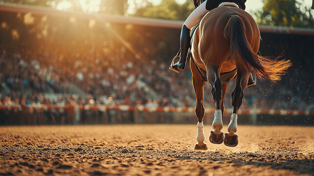A rider competes in an equestrian event at sunset with a large crowd in the background enjoying the thrilling atmosphere