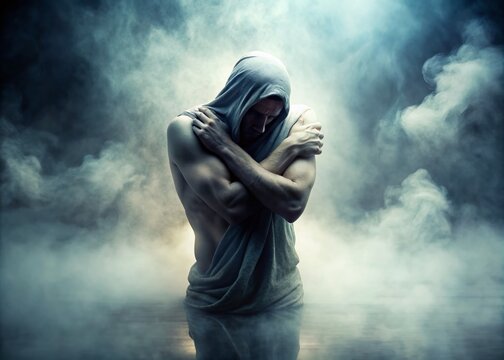A solitary figure stands alone, shrouded in mist, with arms wrapped tightly around their body, conveying a sense