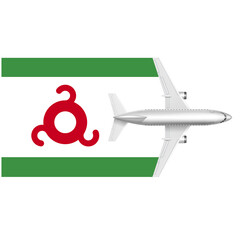 Airplane Taking Off From Ingushetia Flag: A white airplane takes off from a green and red Ingushetia flag, soaring towards the horizon. The symbol of travel, freedom, and exploration.  