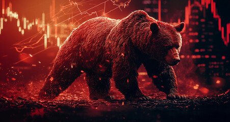 A striking digital illustration of a fierce red bear, symbolizing a bearish market trend, financial downturn, and recession. Concept of market correction and economic downturn 