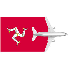 Isle of Man Flag with Airplane: Symbolic image of a white airplane taking off over the red and yellow Isle of Man flag, representing travel, tourism, and connections. Perfect for travel agencies, air