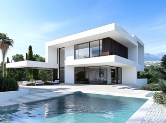 Fototapeta premium Modern White House With Swimming Pool And Palm Trees
