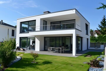 Modern White House with Large Windows and Garden